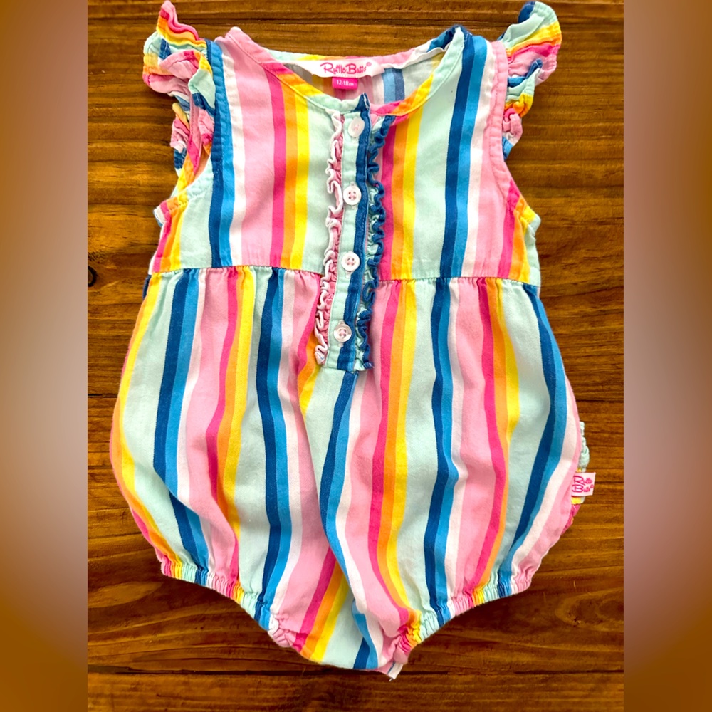 Ruffle Butts Playful Stripe Ruffle Placket Bubble Romper SZ 12-18 months